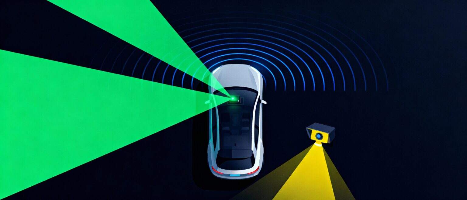Visualización de fusión de sensores ADAS: LiDAR, radar y cámaras en vehículo autónomo con percepción 360 grados