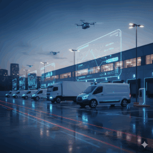 Flota de vehículos de reparto autónomos y camiones inteligentes operando en un centro logístico de alta tecnología en 2025.