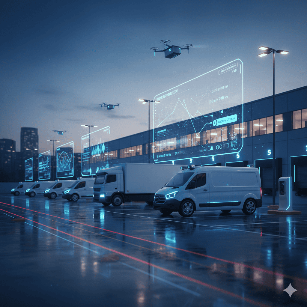 Flota de vehículos de reparto autónomos y camiones inteligentes operando en un centro logístico de alta tecnología en 2025.