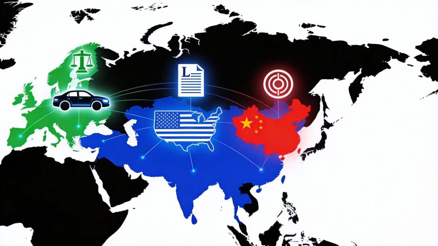 Mapa global ilustrando la regulación del coche autónomo en Europa, Estados Unidos y China con iconos de vehículos y documentos legales