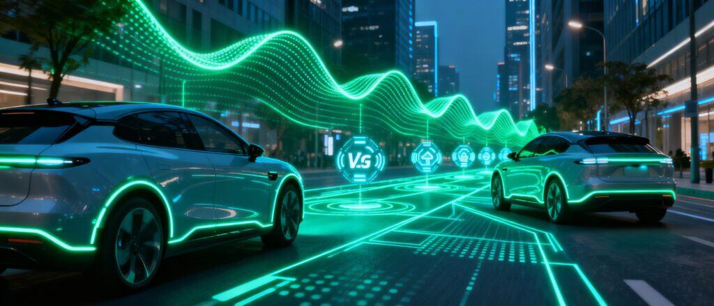 Visualización de conectividad V2X y red 5G en coches autónomos en ciudad inteligente