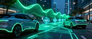 Visualización de conectividad V2X y red 5G en coches autónomos en ciudad inteligente