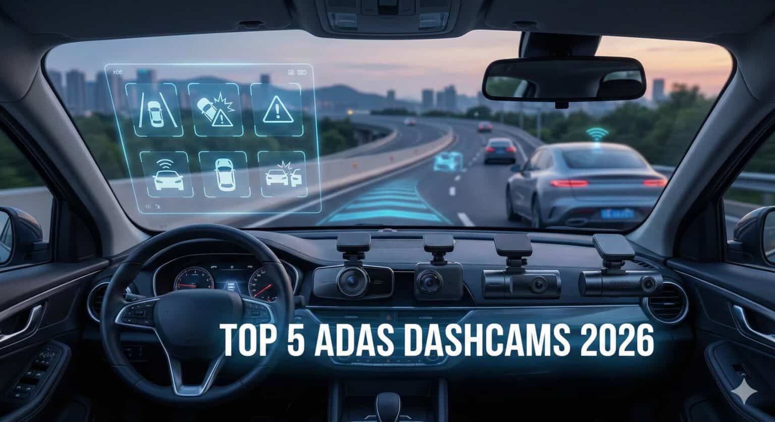 Vista interior del puesto de conducción de un coche mostrando las 5 mejores dashcams con sistemas ADAS de 2026 montadas en el salpicadero. Se proyecta un head-up display holográfico con iconos de asistencia a la conducción en el parabrisas y el texto 'TOP 5 ADAS DASHCAMS 2026'