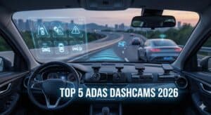 Vista interior del puesto de conducción de un coche mostrando las 5 mejores dashcams con sistemas ADAS de 2026 montadas en el salpicadero. Se proyecta un head-up display holográfico con iconos de asistencia a la conducción en el parabrisas y el texto 'TOP 5 ADAS DASHCAMS 2026'