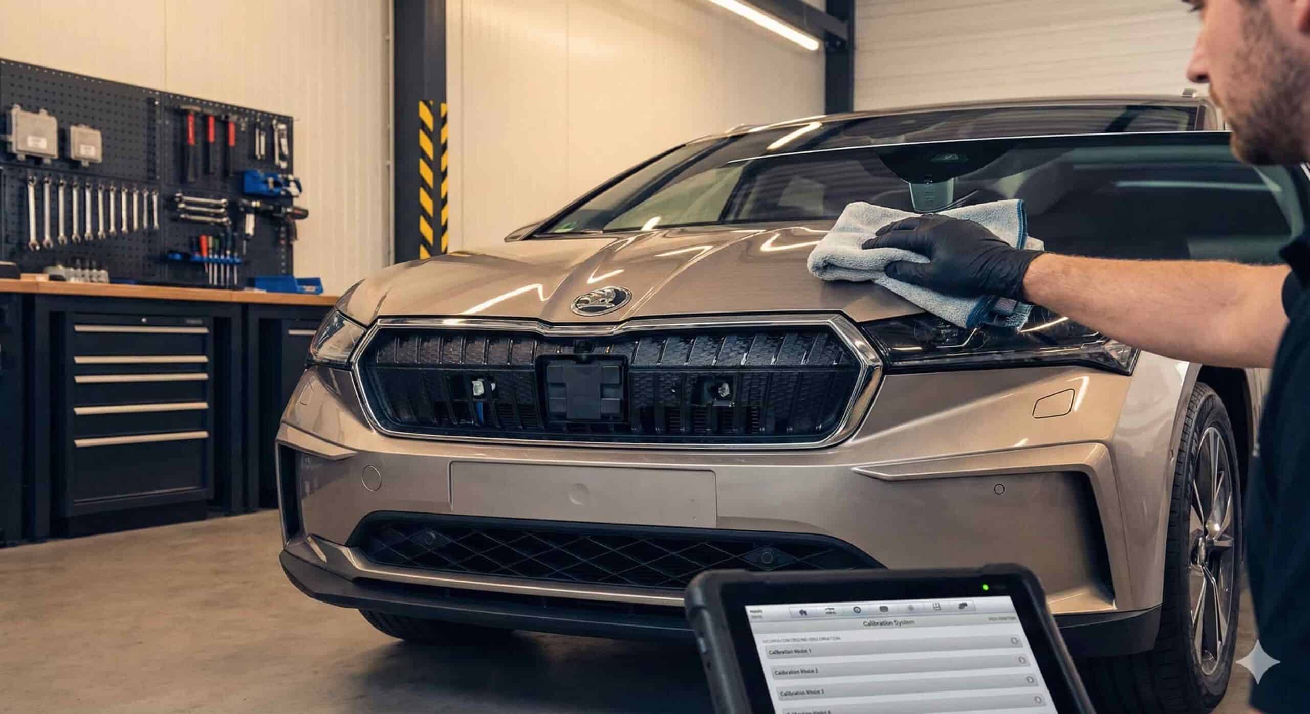 Un mecánico profesional limpiando con cuidado el área de los sensores ADAS y la cámara frontal en el parabrisas de un coche en un taller especializado, con una tablet de diagnosis en primer plano