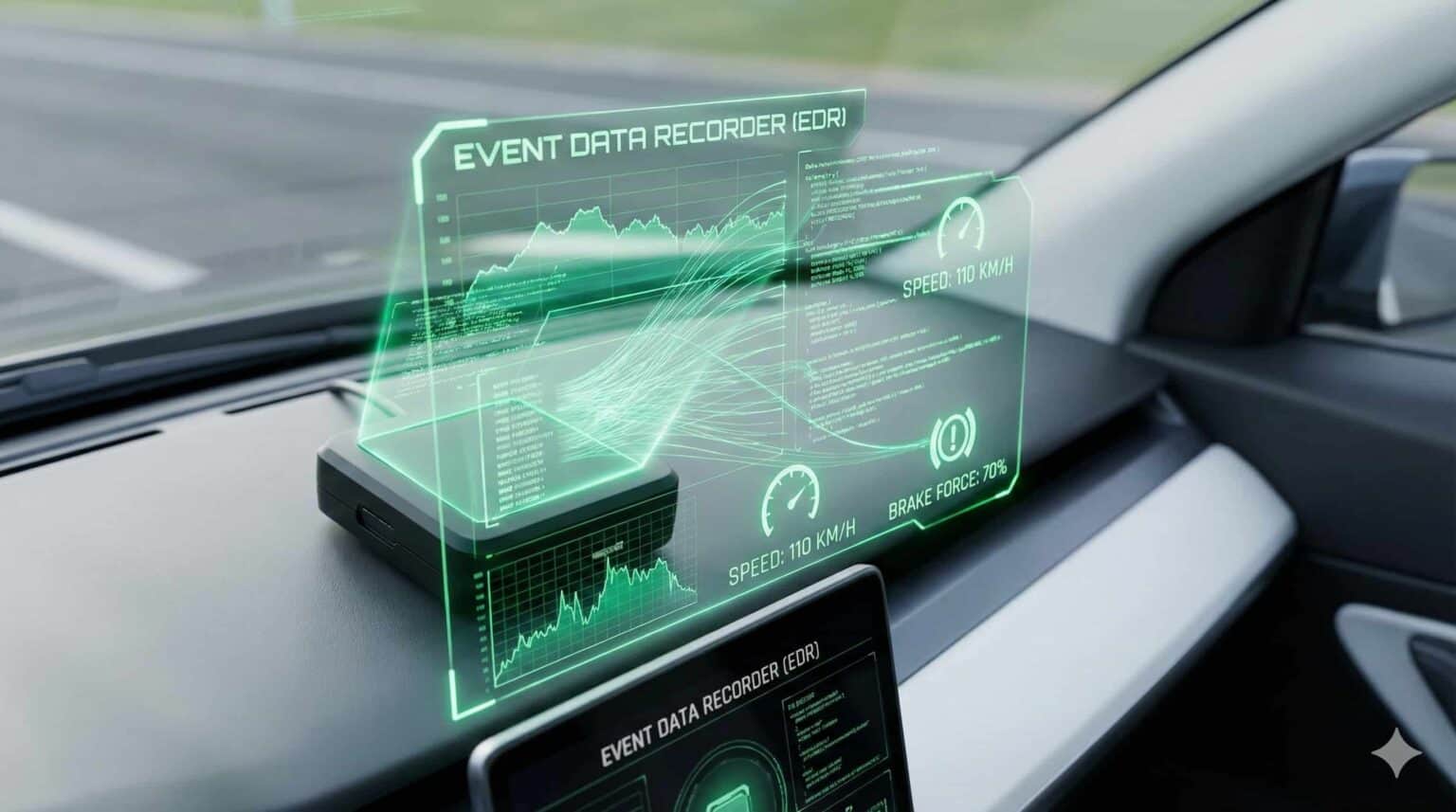 epresentación visual de una Caja Negra (EDR) o Registrador de Datos de Eventos montado en el salpicadero de un coche, proyectando un holograma verde con datos de telemetría como velocidad (110 km/h), fuerza de frenado y gráficos de sensores.