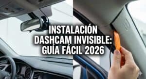 Imagen de cabecera dividida que muestra la guía para instalar una dashcam y ocultar cables. A la izquierda, el resultado final limpio en el interior del coche sin cableado visible. A la derecha, un primer plano de una mano usando una herramienta de palanca para esconder el cable en la moldura del pilar A. Texto superpuesto: 'INSTALACIÓN DASHCAM INVISIBLE: GUÍA FÁCIL 2026