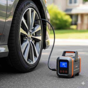 Primer plano de un compresor de aire portátil digital en funcionamiento, conectado mediante manguera a la válvula de la rueda delantera de un coche. La pantalla led del dispositivo muestra una presión de '32 PSI' mientras infla el neumático sobre asfalto.