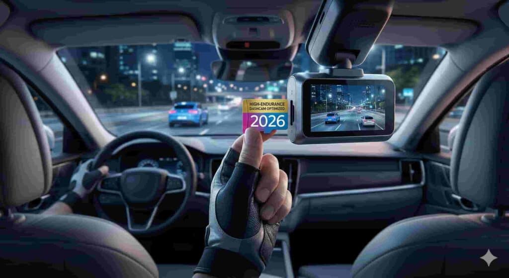 Una mano insertando una tarjeta MicroSD premium etiquetada 'HIGH-ENDURANCE 2026 256GB' en una ranura lateral de una dashcam moderna montada en un parabrisas de coche. A través del parabrisas se ve una carretera nocturna de 2026 con tráfico.