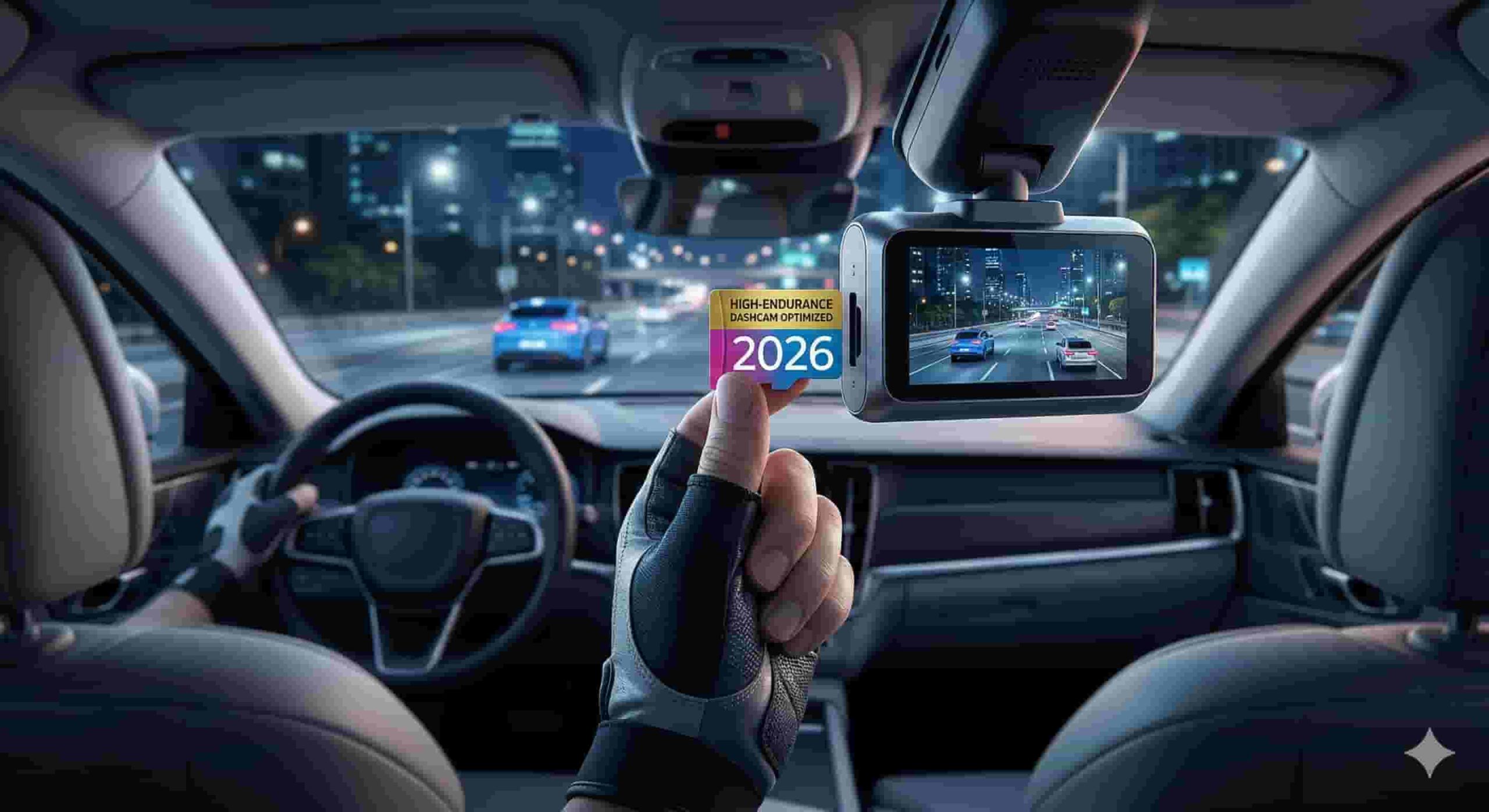 Una mano insertando una tarjeta MicroSD premium etiquetada 'HIGH-ENDURANCE 2026 256GB' en una ranura lateral de una dashcam moderna montada en un parabrisas de coche. A través del parabrisas se ve una carretera nocturna de 2026 con tráfico.