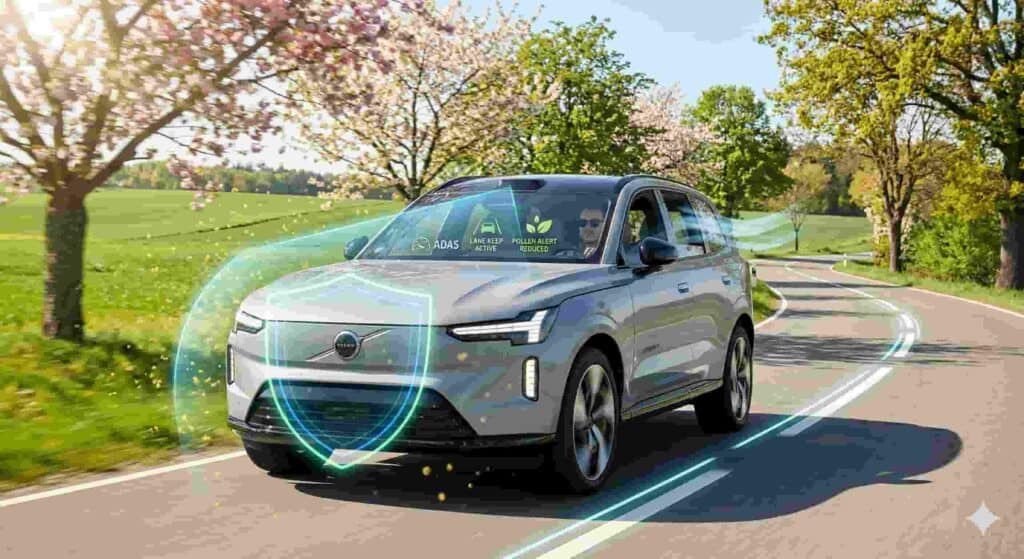 Un coche moderno conduciendo por una carretera de primavera, con sensores ADAS visibles y un escudo digital translúcido que desvía partículas de polen, garantizando la seguridad del conductor ante alergias.