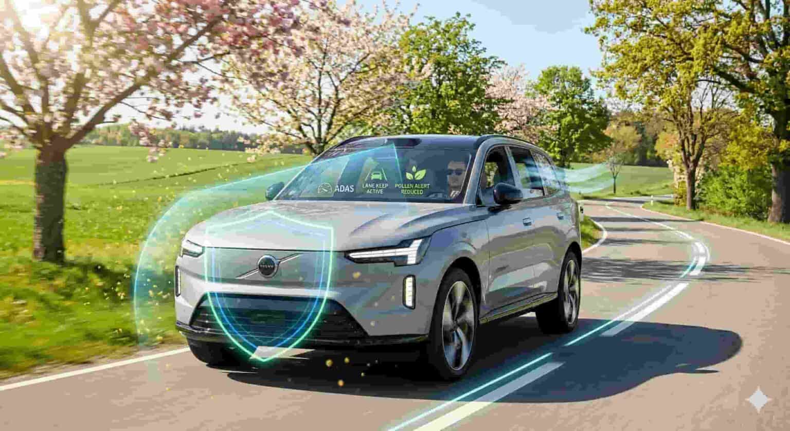 Un coche moderno conduciendo por una carretera de primavera, con sensores ADAS visibles y un escudo digital translúcido que desvía partículas de polen, garantizando la seguridad del conductor ante alergias.