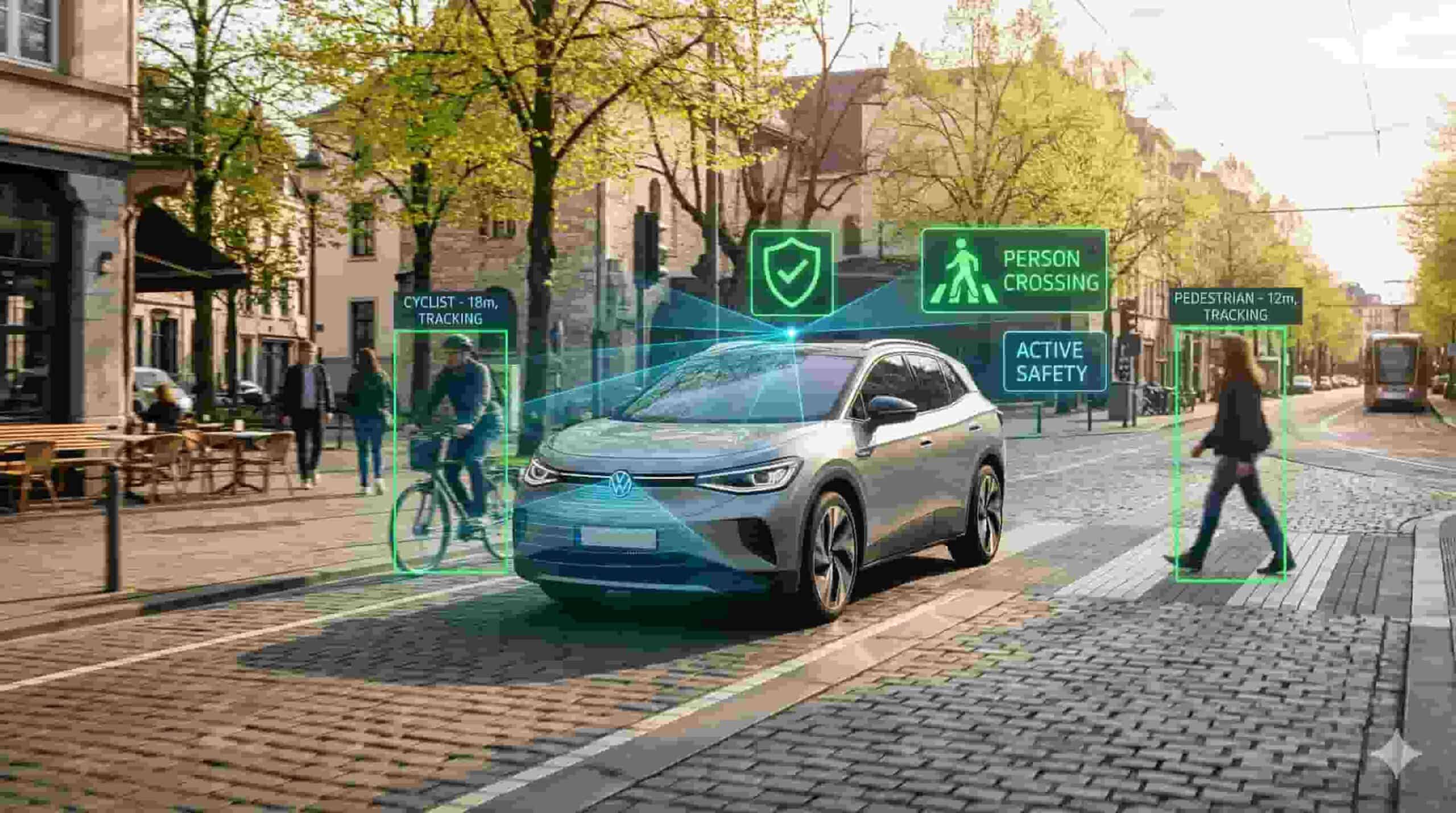 Vista frontal de un coche eléctrico SUV plateado conduciendo por una calle urbana empedrada. Superposiciones digitales verdes muestran el sistema de seguridad activa rastreando a un ciclista y a un peatón, con iconos de 'SEGURIDAD ACTIVA' y 'CRUCE DE PERSONA