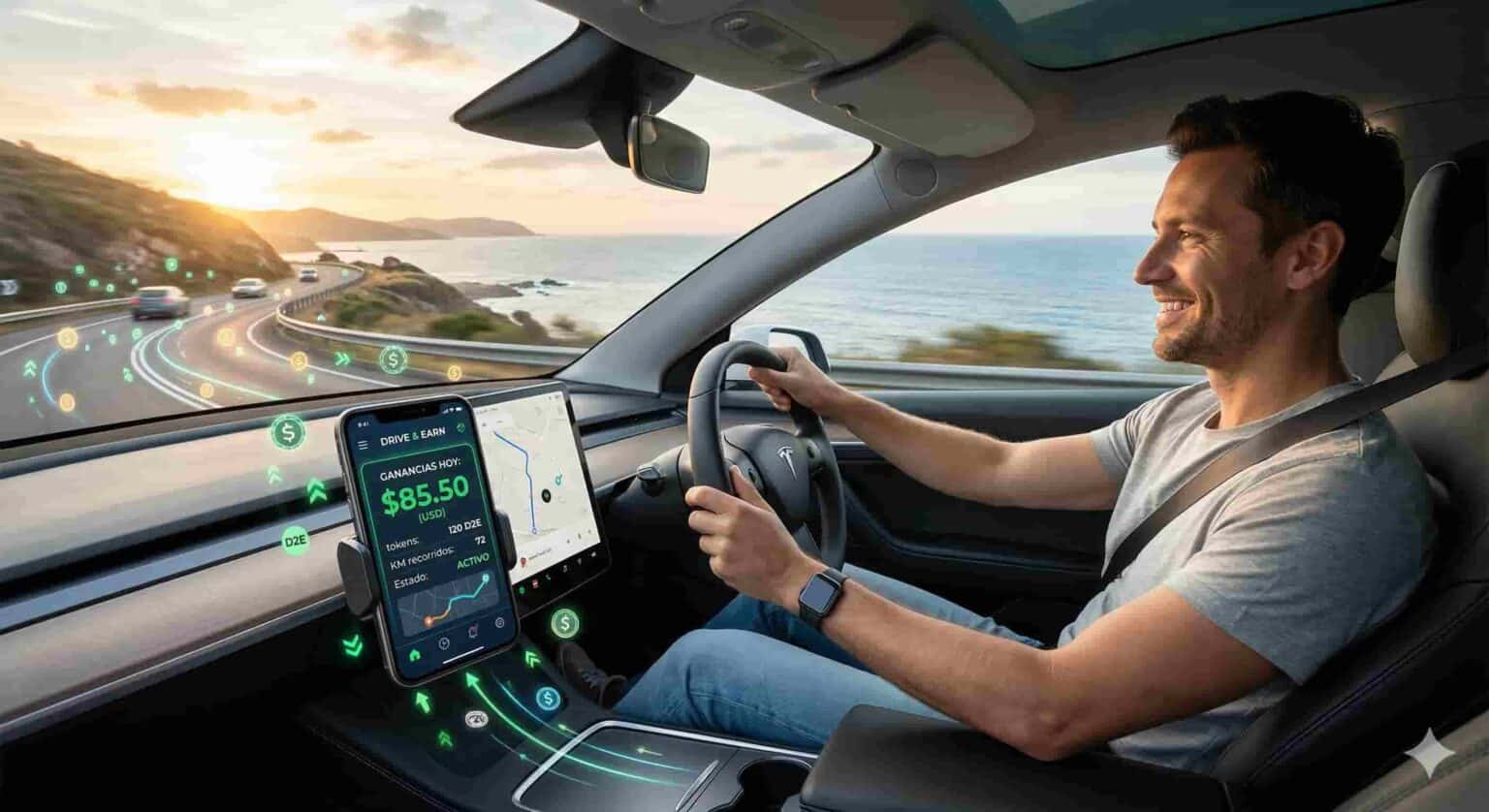 Primer plano del interior de un Tesla con un conductor sonriendo en una carretera costera al atardecer. Un teléfono montado y la pantalla central muestran la interfaz de una aplicación 'DRIVE & EARN' con ganancias de $85.50 y tokens acumulados, ilustrando el concepto de ganar dinero conduciendo.