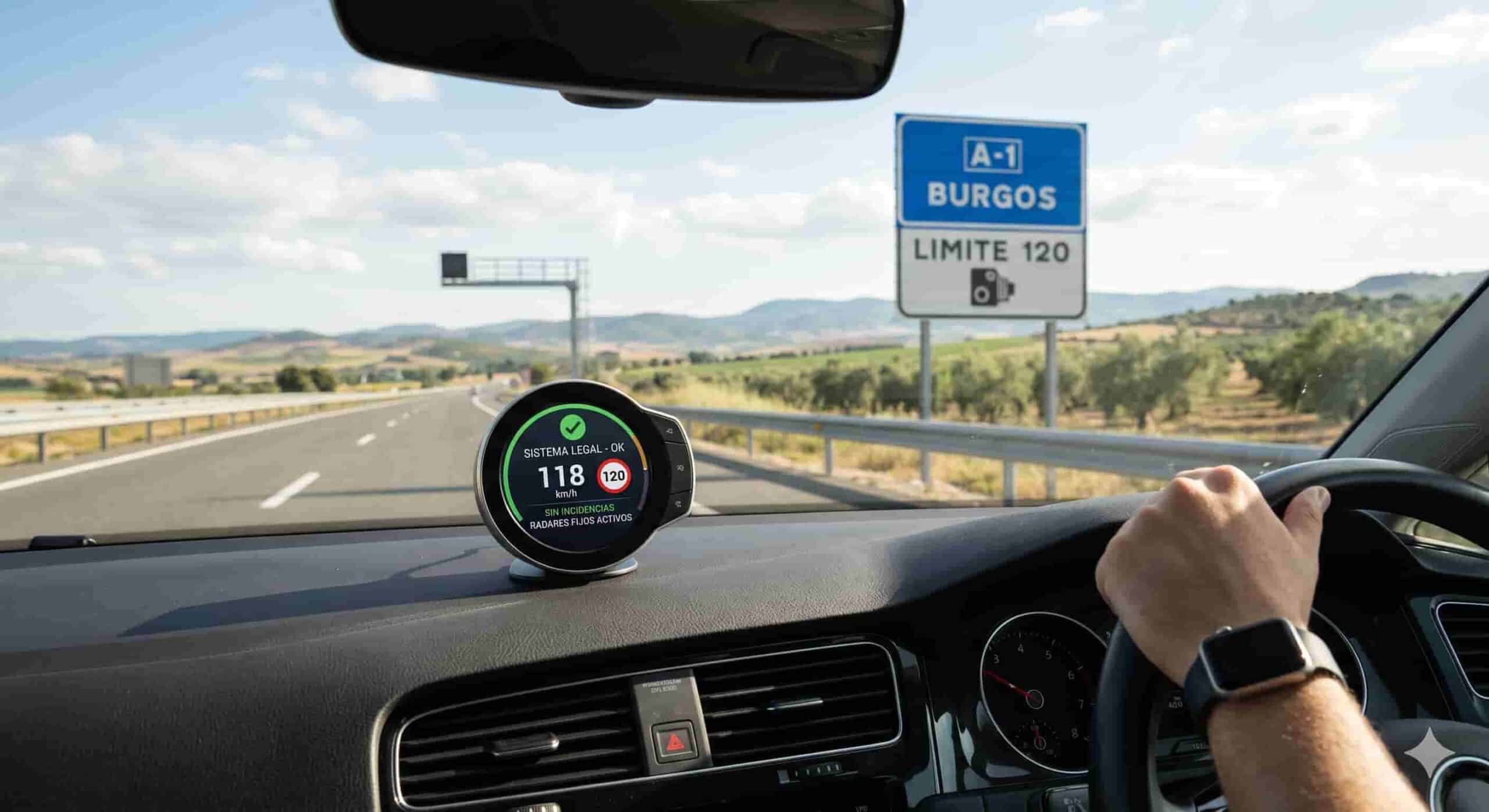 Vista desde el conductor de un coche en una autopista española (A-1 Burgos, límite 120) en 2026, con un avisador de radar legal en el salpicadero. La pantalla circular del dispositivo muestra un check verde, '118 km/h' en un límite de '120', 'SISTEMA LEGAL OK' y 'SIN INCIDENCIAS: RADARES FIJOS ACTIVOS'. Se ve una señal de tráfico de límite 120 y un pórtico de radar fijo en la distancia.