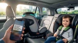Vista interior de un coche en 2026, mostrando una silla de coche infantil con tecnología avanzada instalada en el asiento trasero. El niño está abrochado y un smartphone en primer plano muestra una alerta de 'ALARMA ANTIOLVIDO ACTIVA - BEBÉ DETECTADO'. La base ISOFIX es visible. Esta imagen ilustra la tecnología de seguridad infantil moderna descrita en el artículo.