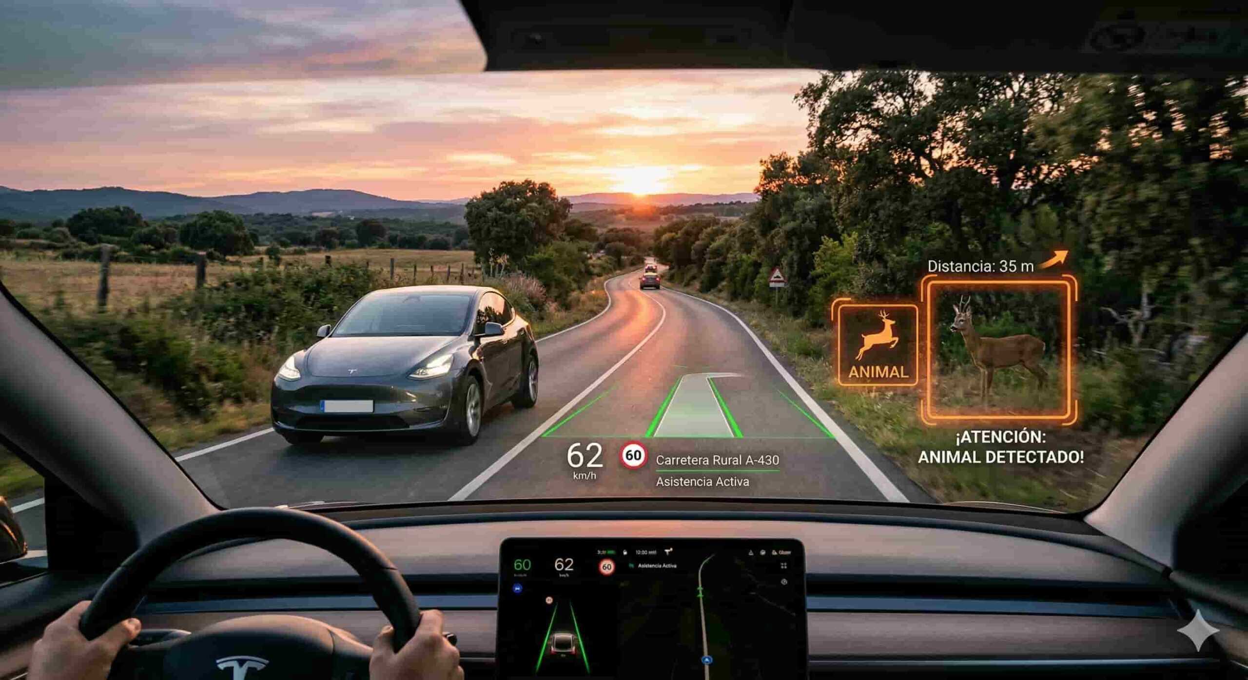 Foto en primera persona desde el asiento del conductor de un Tesla Model Y, mirando a través del parabrisas hacia una carretera rural (A-430) en España al atardecer. Un sistema de realidad aumentada (AR) HUD superpuesto en el cristal resalta un ciervo salvaje en el arcén derecho dentro de un cuadro naranja, con texto en español que dice: "¡ATENCIÓN: ANIMAL DETECTADO!". El HUD también muestra líneas de carril, velocidad de 62 km/h, límite de velocidad de 60 km/h y "Asistencia Activa". Otros coches circulan en sentido contrario.