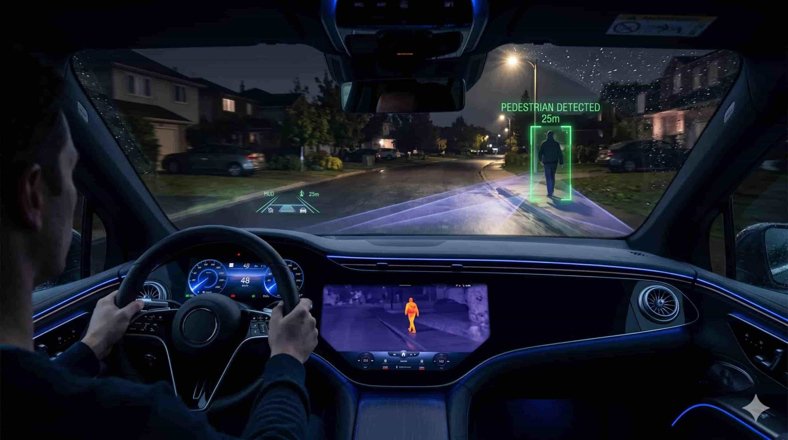 Vista desde el interior de un coche de lujo por la noche con HUD activado. Un recuadro verde resalta a un peatón con el texto "PEDESTRIAN DETECTED 25m". El parabrisas muestra haces de luz azules del sensor LiDAR escaneando la carretera. La pantalla central muestra una vista térmica de visión nocturna del mismo peatón.