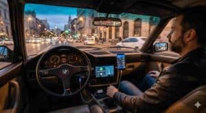 Vista interior de un conductor barbudo en un BMW E28 clásico de noche en una ciudad española. El salpicadero retro está equipado con tecnología moderna: una pantalla táctil de infoentretenimiento (con CarPlay/Spotify), un smartphone montado con diagnósticos OBD2, y un Head-Up Display (HUD) proyectado en el parabrisas con velocidad y navegación. El logotipo de BMW es visible en el volante.