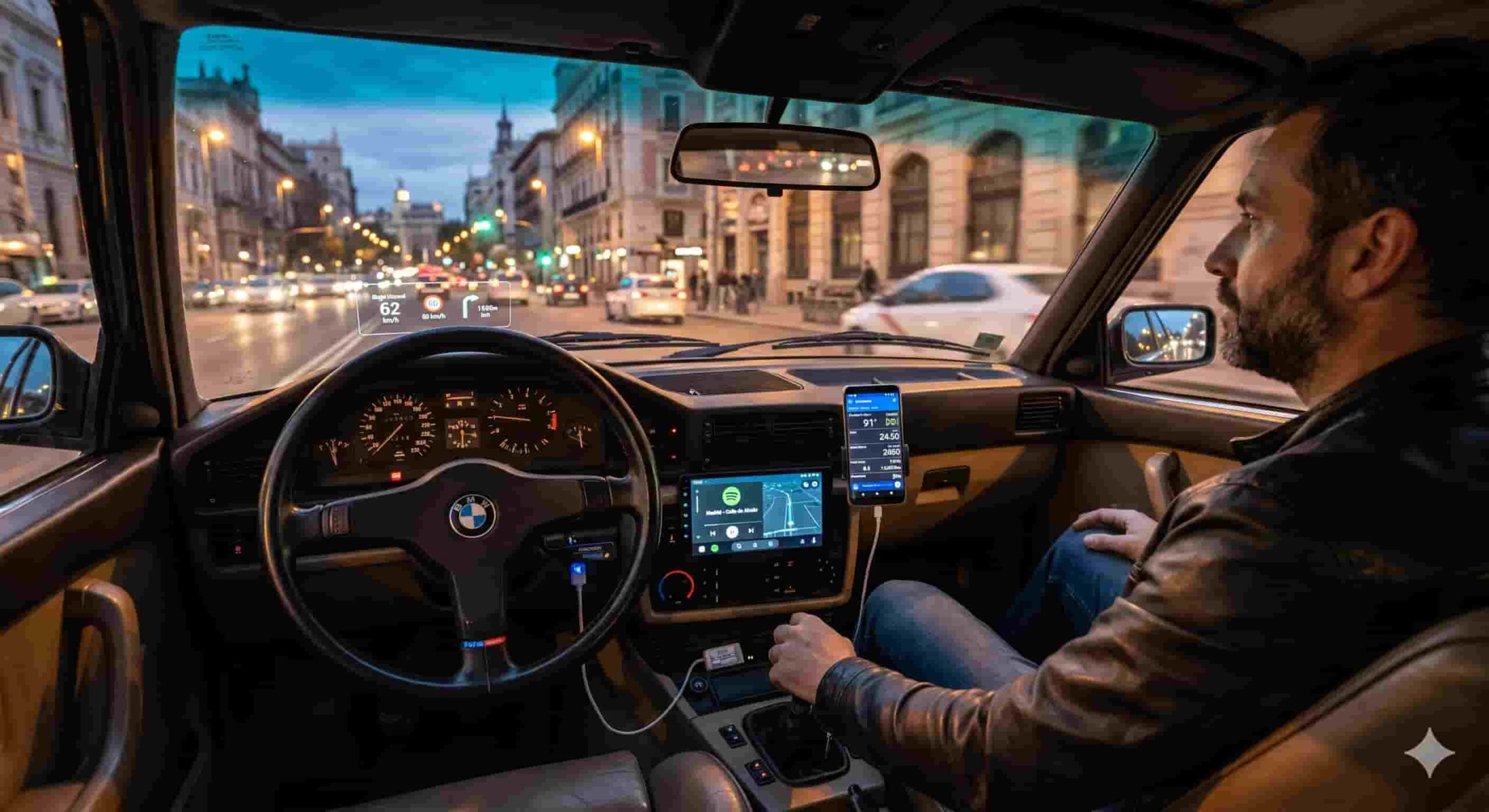 Vista interior de un conductor barbudo en un BMW E28 clásico de noche en una ciudad española. El salpicadero retro está equipado con tecnología moderna: una pantalla táctil de infoentretenimiento (con CarPlay/Spotify), un smartphone montado con diagnósticos OBD2, y un Head-Up Display (HUD) proyectado en el parabrisas con velocidad y navegación. El logotipo de BMW es visible en el volante.