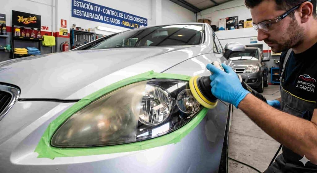 Técnico profesional puliendo un faro de coche amarillento y opaco para pasar la inspección ITV, mostrando el contraste antes y después.