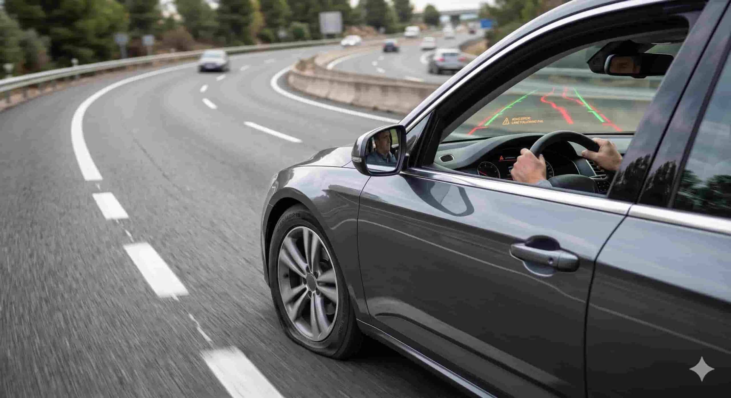Esquema de un neumático de coche desinflado alterando el eje de dirección, confundiendo la cámara frontal del asistente de mantenimiento de carril ADAS.