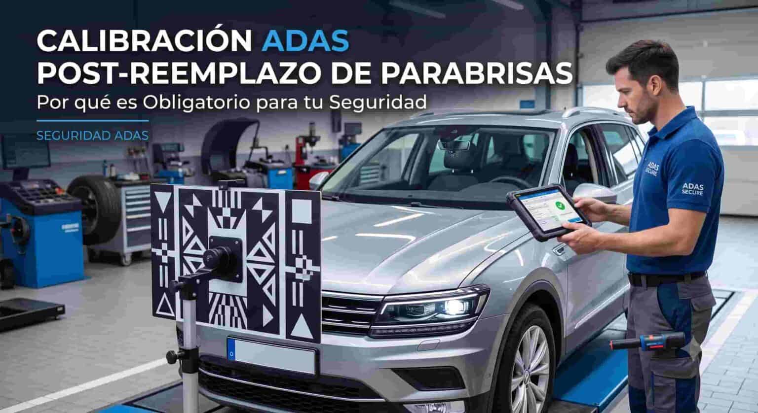 Técnico automotriz realizando la calibración obligatoria de la cámara ADAS en un coche tras el reemplazo del parabrisas utilizando una tablet y un panel de calibración.