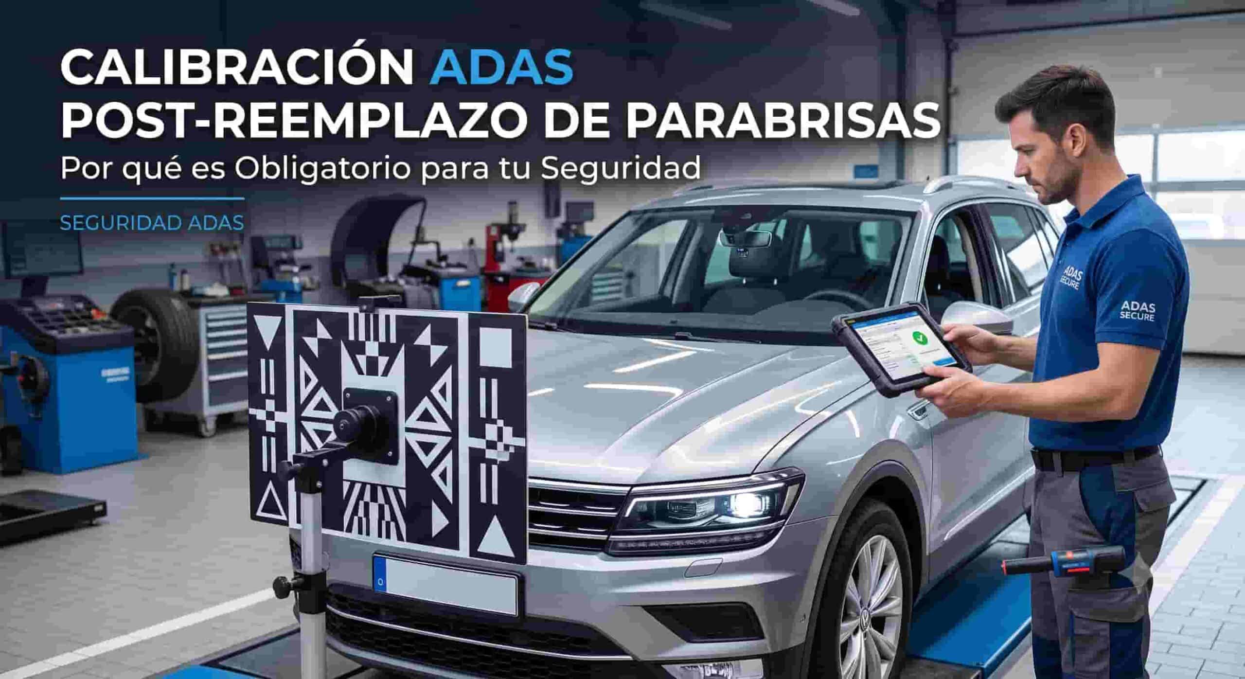 Técnico automotriz realizando la calibración obligatoria de la cámara ADAS en un coche tras el reemplazo del parabrisas utilizando una tablet y un panel de calibración.