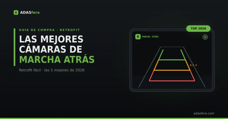 Monitor de cámara de marcha atrás mostrando la vista trasera con líneas guía de distancia en verde, ámbar y rojo al aparcar