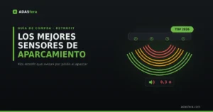 Sensores de aparcamiento en el paragolpes trasero emitiendo arcos de proximidad en verde, ámbar y rojo con aviso de distancia