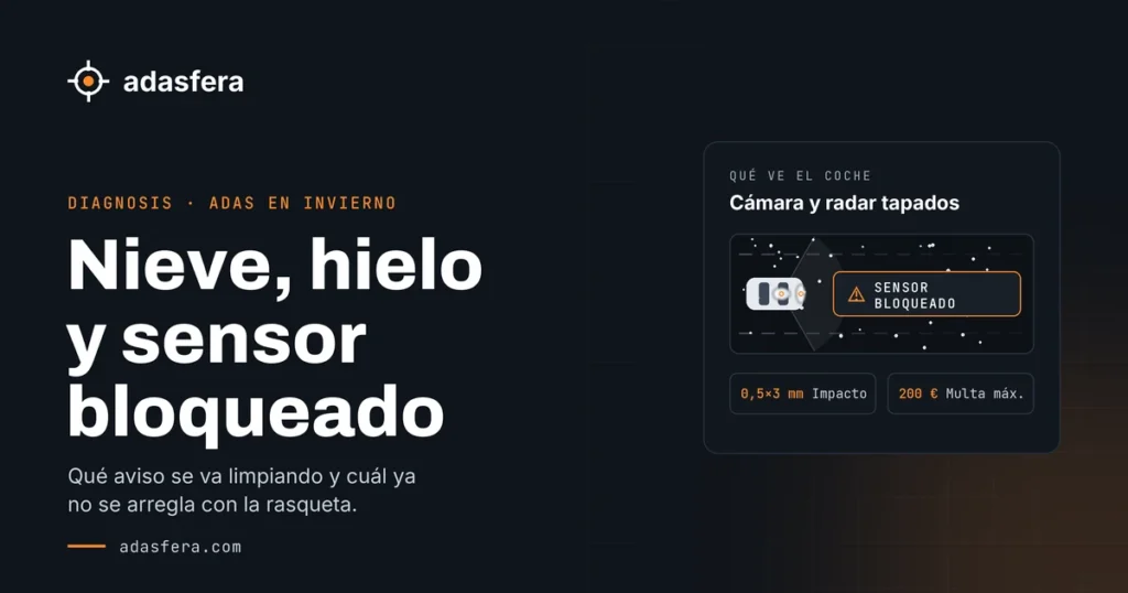 Esquema de un coche visto desde arriba con nieve sobre la cámara del parabrisas y el radar frontal, campo de visión recortado y aviso de sensor bloqueado
